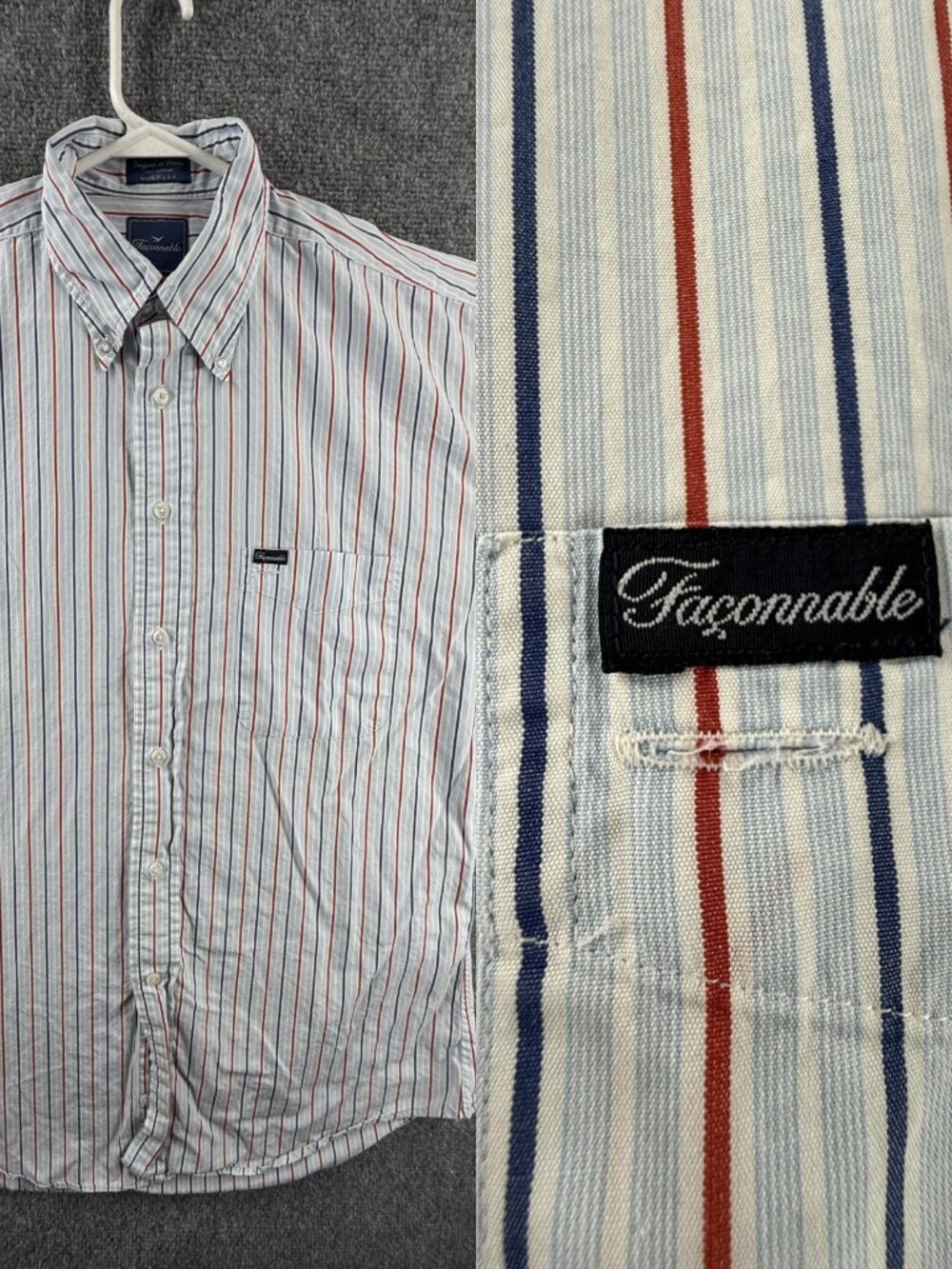 Faconnable Blue Red Button-Down Cotton USA XL Short Sleeve Striped Pocket Mens